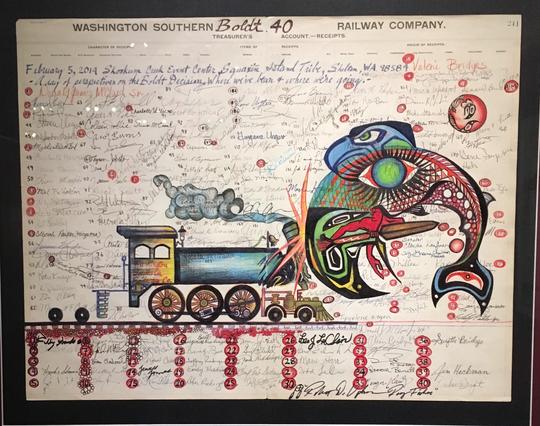 Native American ledger art. A whale (or fish?) is "butting heads" with a train. The whale is depicted in a style like those seen in the Pacific Northwest.