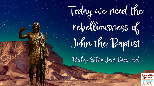 Judean desert background with a night sky; in the foreground, a cutout of a statue of St John the Baptist, with a quote by Bishop Silvio Jose Baez that says, "Today we need the rebelliousness of John the Baptist."