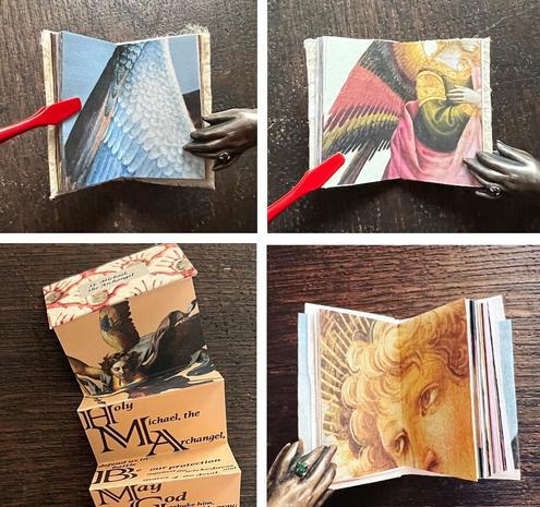 Inside spreads of 4 books. Showing close ups of Saint Gabriel's feathers and wings; a prayer for Saint Michael, and eyes of Tobias from Saint Raphael paintings.