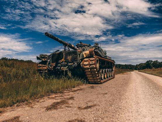 Das Bild zeigt einen zerstörten und verrosteten Panzer in einer Heidelandschaft.