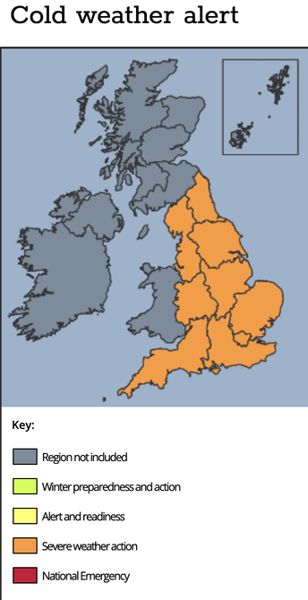 Screenshot of the cold weather alert panel form the Met Office article referenced in this toot showing a colour coded map indicating the regions where social and healthcare services are required to target specific actions at high-risk groups.