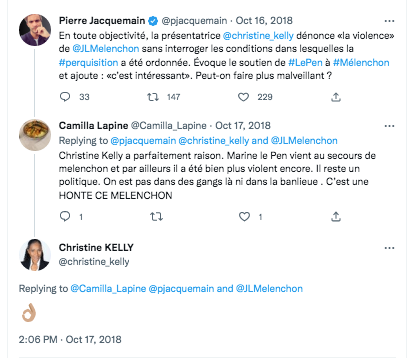 Compte fembot en soutien de Christine Kelly qui clash le directeur du magazine Politis. Kelly réplique avec un émoticon "OK".