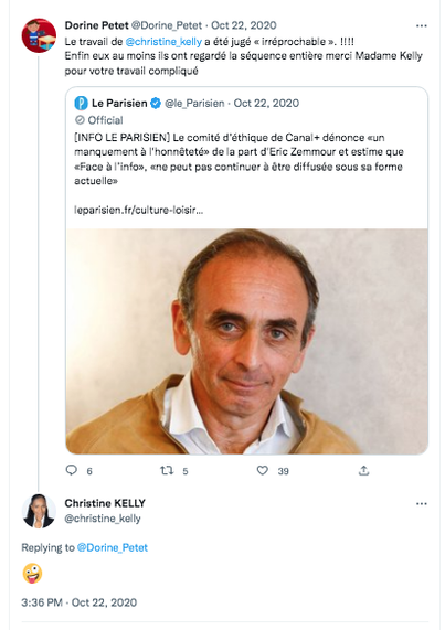 Compte fembot en soutien de Christine Kelly auquel Kelly répond en 2020.