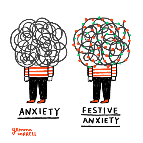 A simple two-panel comic, in which a person wearing red-and-white striped shirt and black trousers is viewed on the left with a scribbled cloud covering her head, and the title "Anxiety" appears underneath her. On the right, the same picture appears, but the scribbled lines of the cloud over her head have been festooned with red and green lights, making the scribbled lines look like strings of holiday lights, and the title underneath reads "Festive Anxiety."
