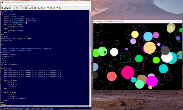 Desktop showing a gvim window with an implementation of the Midpoint circle algorithm, drawing 100 filled/empty random circles, and the output of such code in the EndBASIC graphical console.