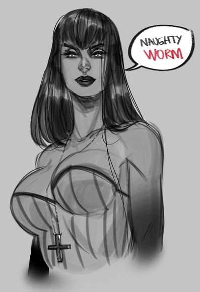 A woman with long black hair, a corset and a metal cross necklace looks down at the viewer. She is saying "Naughty worm"