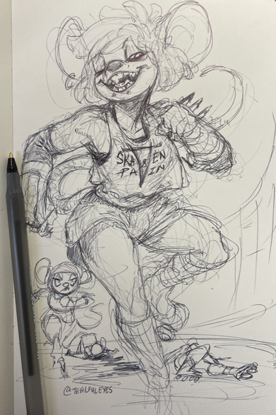 Doodle of mice taking pet in a very violent version of Roller Derby. The lead mouse is happy with themselves after knocking out two competitors, but another mouse is gaining on her and is pissed she took things too far.