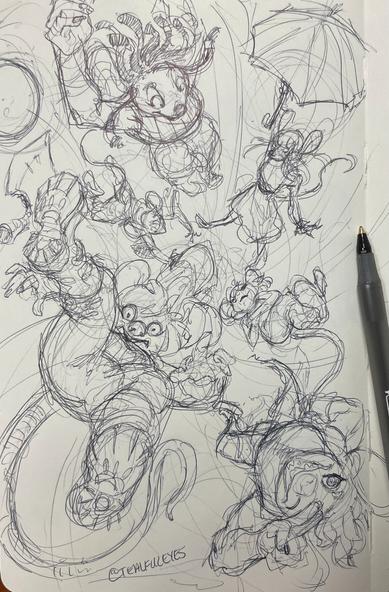 A variety of different mice falling into a void with differing reactions ranging from horror to excitement.