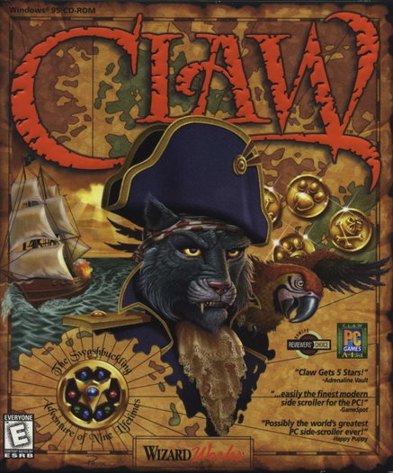A computer game box art of CLAW, visible is the title in red, below it is a feline in a pirate's outfit with a parrot on it's shoulder. To the left a ship sailing a body of water and to the right some gold coins. An overall treasure map-like design in the background.