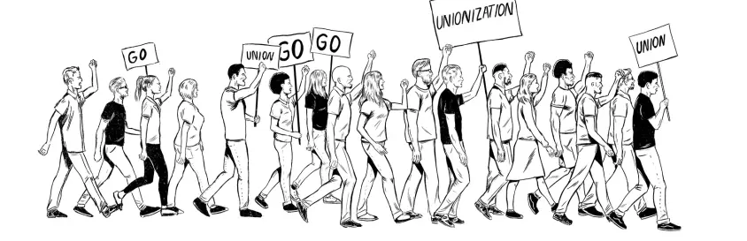Cartoon from The Rise of the Video Game Union zine, showing a line of workers marching in favor of unionization. Their signs read "UNION" and "GO."