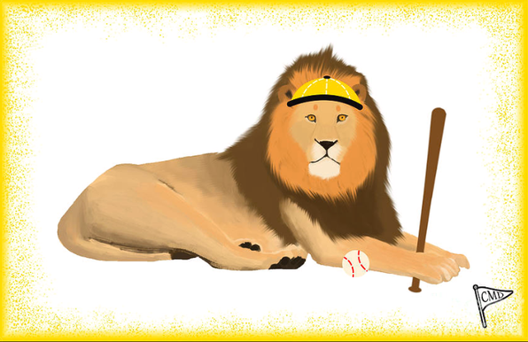 lion with a yellow background and hat playing baseball, holding a bat and ball