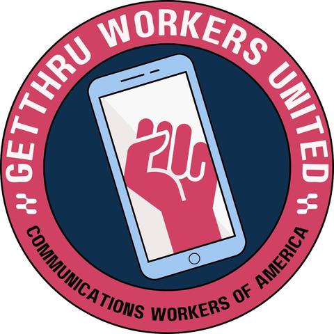 Logo for getthru workers united. Fist in a mobile phone
