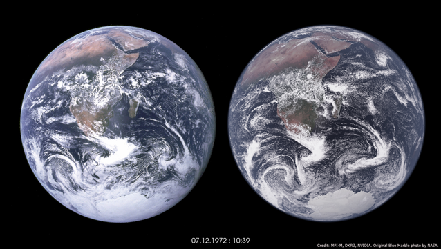 Original NASA Blue Marble photo on the left, our visualization on the right. It´s hard to tell which is the original, as the visualization is so detailed, showing pattern of surface winds behind the cloud fields, filaments of warm water as they are stretched southward along Africa’s south-east coast or of cold water pulled from depth off its southwest coast.