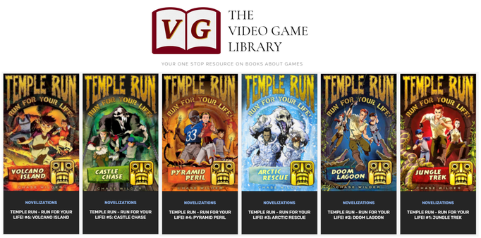 6 covers of the 6 Temple Run books that were written. These are color coded, red, blue, light blue, orange, green and brown; with the main characters in various 'adventure' poses in the cover.