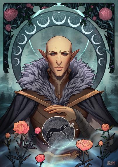 Art nouveau illustration of Solas from Dragon Age Inquisition. Framed by peonies and juniper.