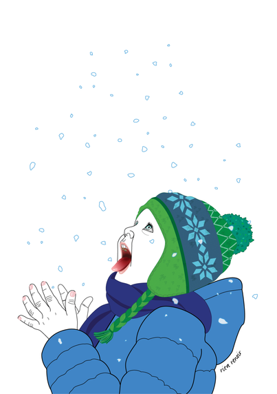 Illustration représentant un petit enfant vêtu d'une grosse doudoune et d'un bonnet à pompon en train de tirer la langue dans l'espoir d'attraper des flocons de neige.