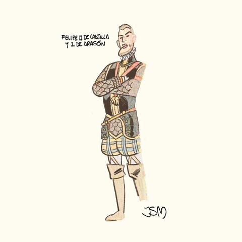 Diseño de Felipe II de Castilla y I de Aragón para la novela gráfica "La Granada de Carlos V" de Josema Cordón. Hijo de Carlos V y de Isabel de Portugal fue concebido durante la estancia de sus padres en Granada en 1526 pero nunca tuvo una estrecha relación con el Reino. En 1567 proclamó unas medida de aculturación morisca que conllevaron el estallido de la Guerra de las Alpujarras.