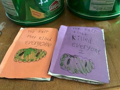 A pair of picture books created by a young child, titled The Fart That Killed Everyone.