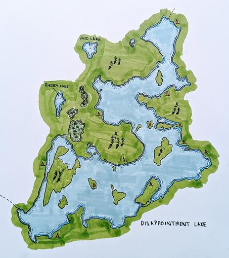A hand-drawn map of Disappointment Lake in ink and alcohol-based marker. It shows portages and campsites.