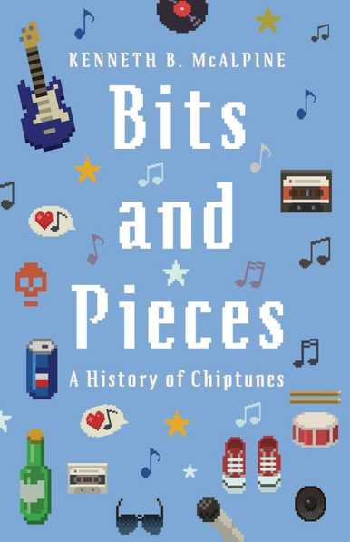 The cover of Bits and Pieces. A lighthearted light-blue cover with a bunch of pixelated musical instruments and music notes.