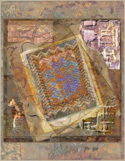 This composition is an asemic tarot card. The appearance is of brown marbled paper that has been embossed. The central area has a herring bone pattern that includes blue and reds. Other areas are embossed with asemic glyphs that resemble cuneiform. Other asemic glyphs appear as if they are faded paint.