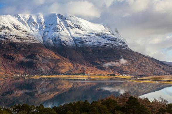 Upper Loch Torridon in Scotland’s Wester Ross, with a perfect reflection of snow covered Liathach