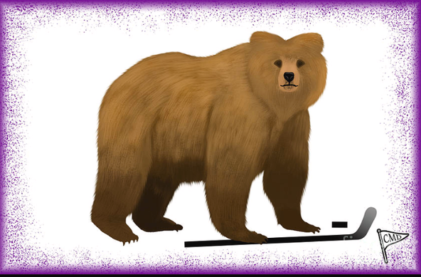 bear with purple color around, playing hockey holding a hockey stick and puck