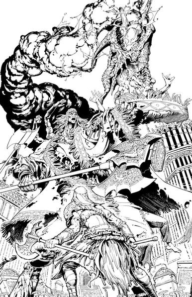 A digital ink drawing of Nepheli Loux fighting Godrick the Grafted from Elden Ring. Nepheli is crouched in front of Godrick holding an ax in each hand. Godrick towers over her as he holds his own ax and shoots flame from his dragon head arm.