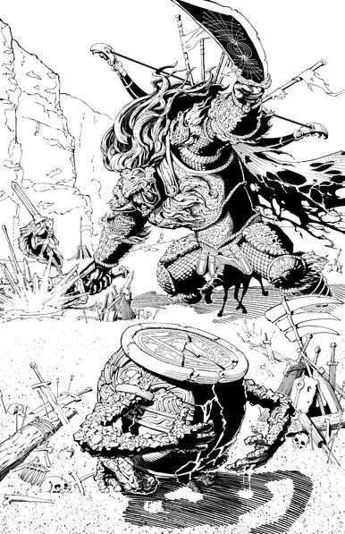 A digital ink drawing of Starscourge Radahn fighting Blaidd and Alexander from Elden Ring. Blaidd jump to narrowly avoid an attack from the much larger Radahn. Alexander is in the foreground after his jar body has been cracked from one of Radahn's attacks.