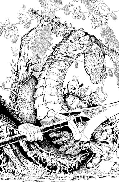 A digital ink drawing of Rykard, Lord of Blasphemy. Rykard has a snake body but he has a human face and hundreds of arms are flowing out of his cut open stomach. He  holds his sword above his head as if he is about to strike the viewer. In the foreground a hand holds a spear.