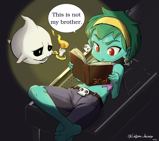 Digital color illustration of Rottytops, our beloved zombie from the Shantae saga, lying on an autopsy table with her leg crossed (foot over the knee to be more precise. Would it be semi-crossed?). Reading a Poe book (which she holds upside down) with a confused expression, saying: "This is not my brother". The lighting is dim, coming from a candle, that a ghost is holding (one of those typical in the map where Rotty appears).

Version en español en la imagen anterior.