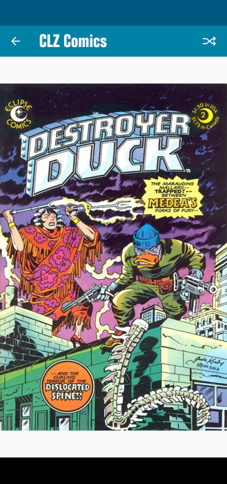 The cover of Destroyer Duck #2 by Jack Kirby and Alfredo Alcala. The marauding mallard, Destroyer Duck crouched on top of a building with guns at the ready. Medea stands behind, with her fearsome forks of fury. The dislocated spine coils slightly below.