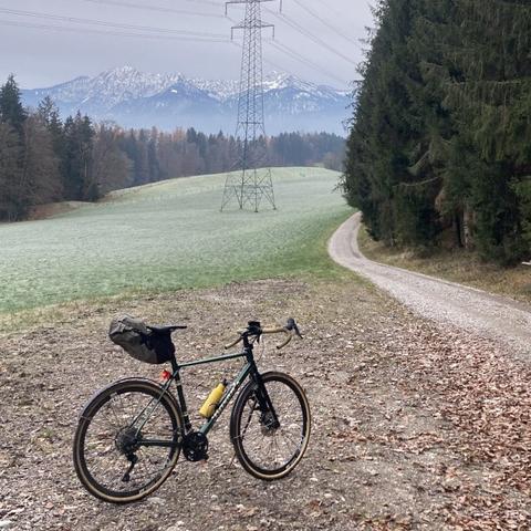 Ein grünes Gravelrad steht neben einer Forststrasse. Links im Bild ist Wiese, rechts Wald. In der Ferne sind Berge zu sehen.