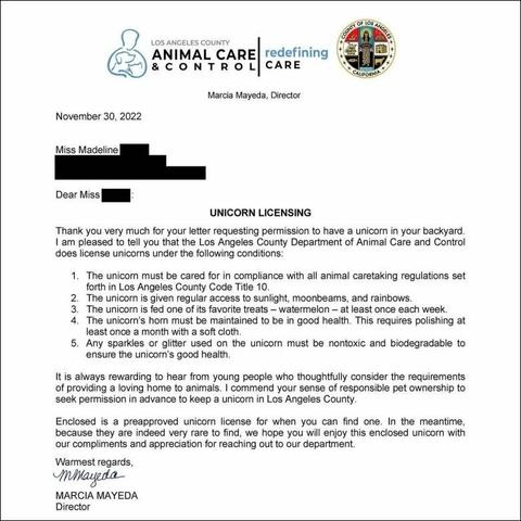 Die offizielle Lizenz zur Einhorn-Haltung des  County of Los Angeles Department of Animal Care and Control.
