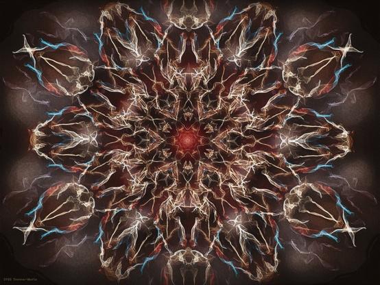 A mandala-style graphic based in dark brown tones contrasted with lighter beige highlights sprinkled with touches of blue and red. Light and dark are blended to give a sense of three dimensional ridges.