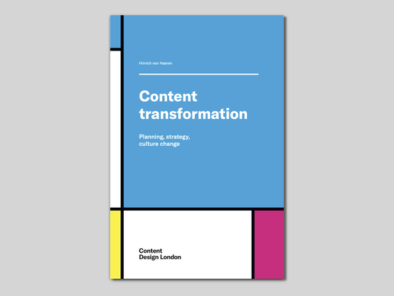 The Mondrian-inspired front cover of "Content Transformation" by Hinrich von Haaren
