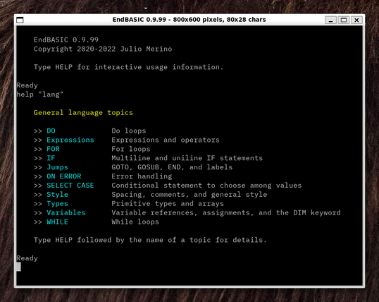 EndBASIC console showing the output of HELP "LANG" and how the title and topic names are now colorized. The output also shows entries for documentation on loops, expressions, variables, etc.