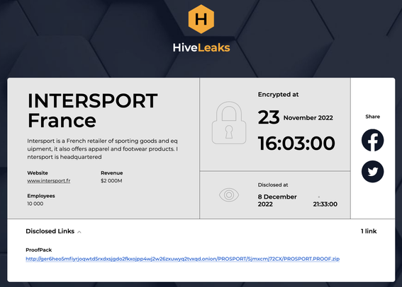 Screenshot of HiveLeaks ransomware blog. 
Large name states "INTERSPORT France", encrypted at 23 November 2022.