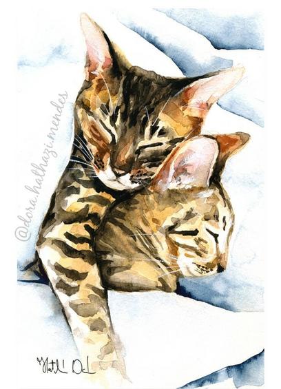 Dreamland Bengal and Savannah Cat Painting by Dora Hathazi Mendes.
These two somehow were swallowed by a giant white towel, which sent them together immediately to Dreamland.