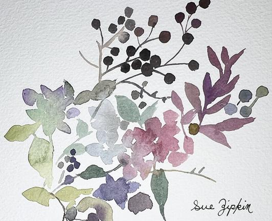 A loose, watercolor, floral, painting in progress, subtle abstract shapes with blackberries and simple flowers. Featuring blue green and purple.