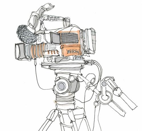 Wobbly line, almost continuous line, sketch of a large video camera on a tripod. Grey and peach highlights have been added with alcohol markers.