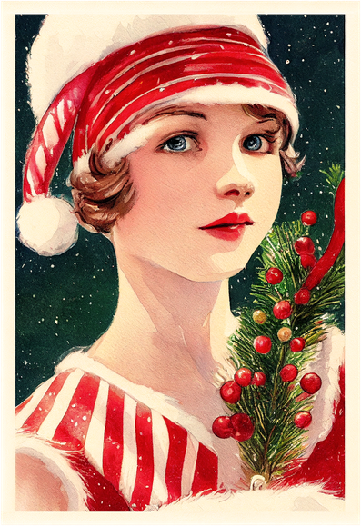 vintage festive illustration of a woman with a short red bo and santa hat with pompom to one side.Red lipstick, holding a sprig from a fir tree with berries. She is wearing a short sleeved red and white striped top edged in white fur.It is lightly snowing against a dark sky. The picture is lovely and bright.