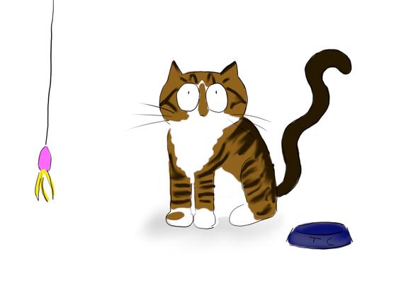 A cartoon of a cat ignoring a cat toy on a string, and instead standing motionless by an empty food bowl trying to look as cute as possible.