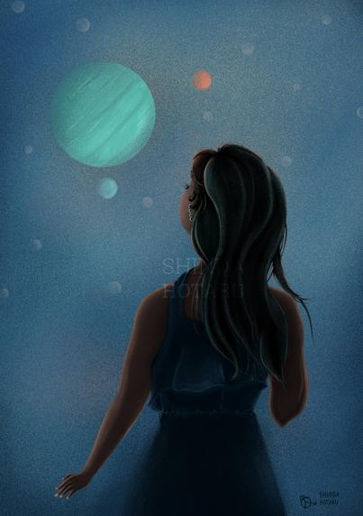 It‘s a digital illustration in a fuzzy style and mostly blue tones. It shows a woman from behind gazing up in awe at a several planets.