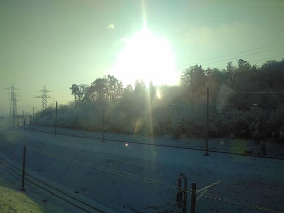 Foto de pejzaĝo ĉe Lenzburg: La suno super arbaro, neĝkovrita herbaro/kampo kaj relvojoj.