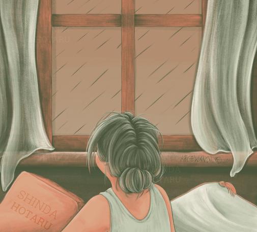 It‘s a digital illustration of a person sitting among pillows at a window gazing up and out. The person has turned their back on the viewer. It is raining outside. The colour scheme is soft coral, a variety of forest green tones and bright mute pastel green.