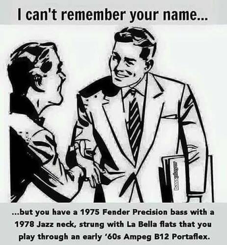 I can't rememer your name...

... But you have a 1975 Fender Precision Bass with a 1978 Jazz neck, strung with La Bella flats that you play through an early 60's Amperg B12 Portaflex.