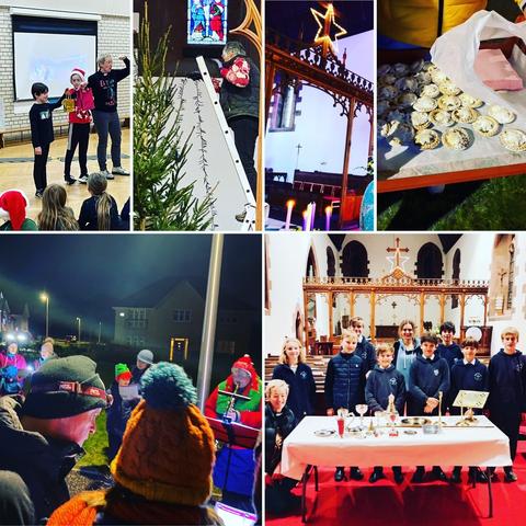 A montage of photos of a Christmas school assembly; decorating a Christmas tree; a Christmas star and advent wreath in a church; people singing carols outside; children beside a table of shiny brasses; and mince pies.