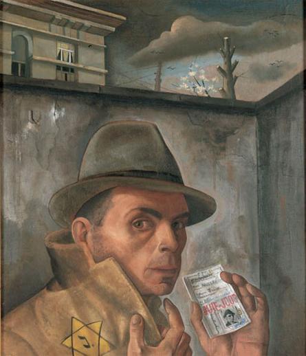 A painting by Felix Nussbaum. A man in a hat and yellow coat with a Jewish yellow star on it is holding an ID. He is in a courtyard fenced with walls. Behind the wall, a building, clouds, trees and birds are visible.