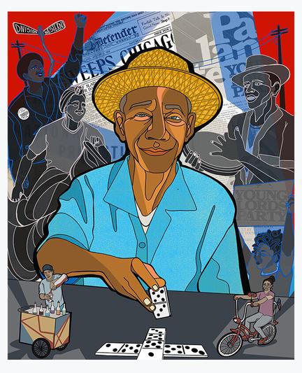 A vibrant old man in bright colors playing dominoes, in the background is an activist, a woman, a musician, in the foreground a young woman and a street vendor.
